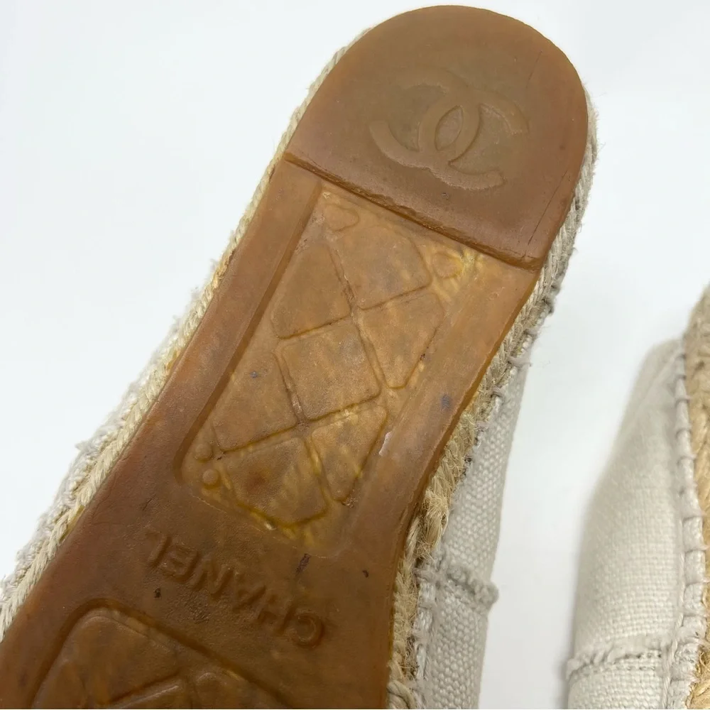 CHANEL Cloth Two-Tone Espadrilles Size 37 7 Cream and Black Designer Distressed